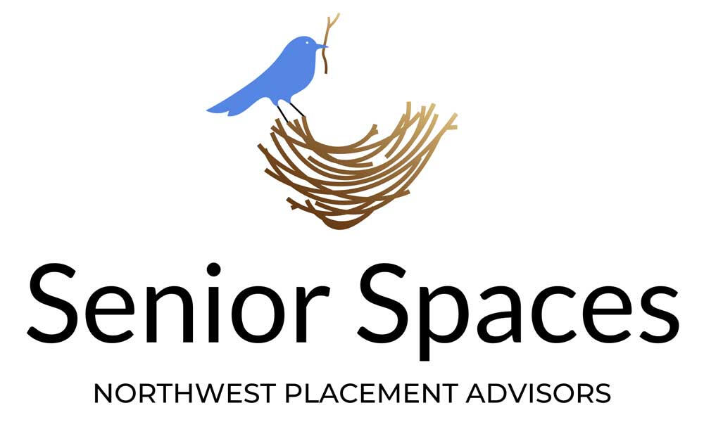 Senior Spaces logo with a blue bird graphic in a nest holding a twig and the words Senior Spaces below